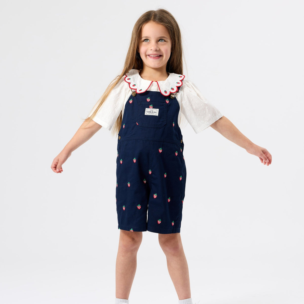Mini Strawberry Embroidered Burton Overalls worn on body