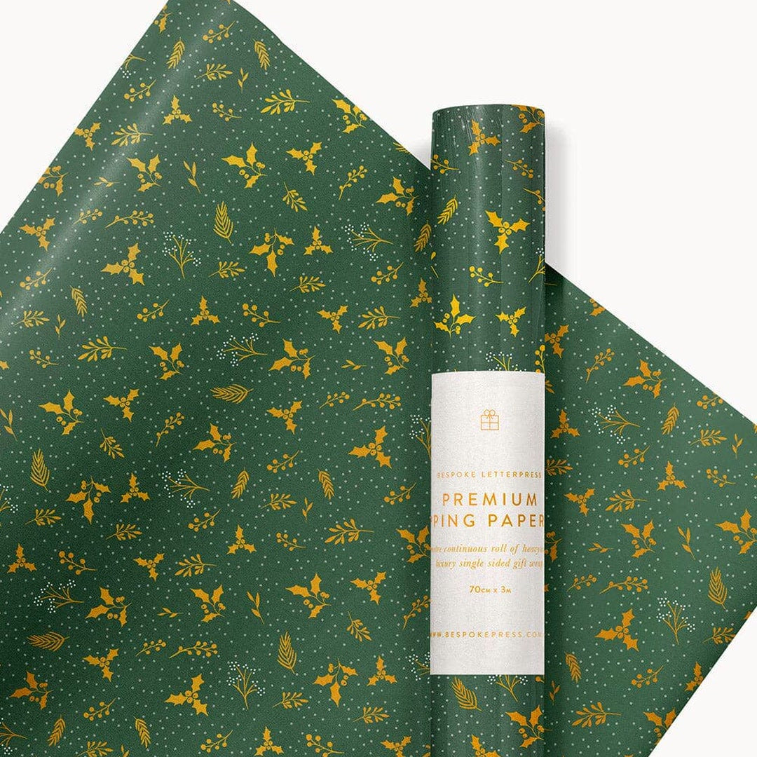 Gift Wrap Roll 3m - Golden Holly (Gold Foil) image 1