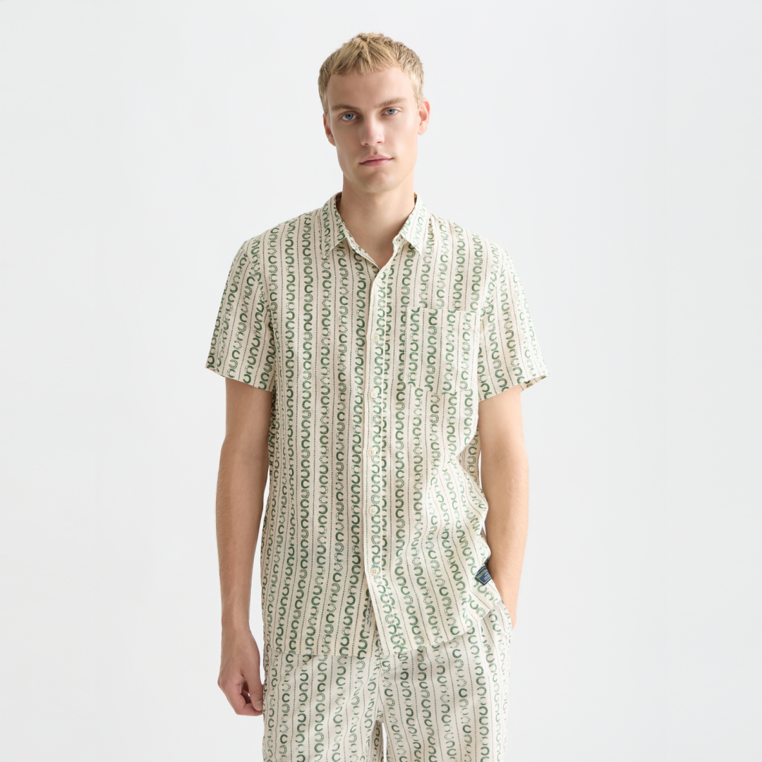 Scotch & Soda Printed Linen Short Sleeve Shirt Horseshoe Stripe Eggnog front