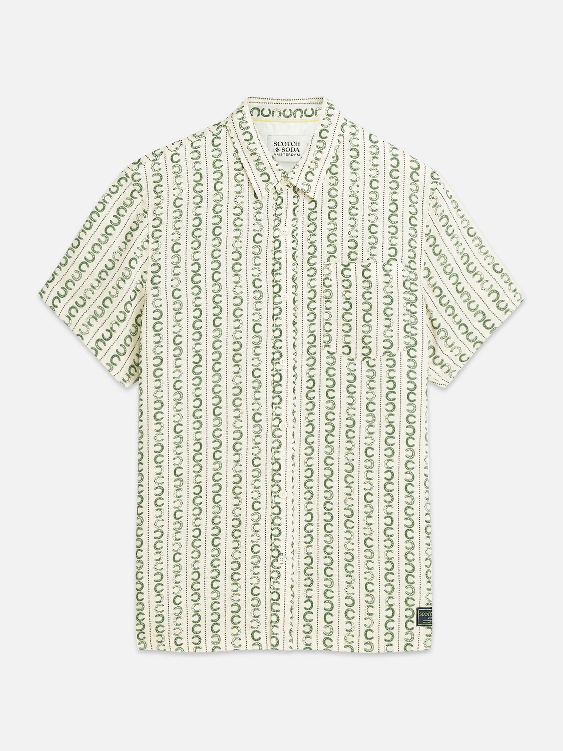 Scotch & Soda Printed Linen Short Sleeve Shirt Horseshoe Stripe Eggnog worn front