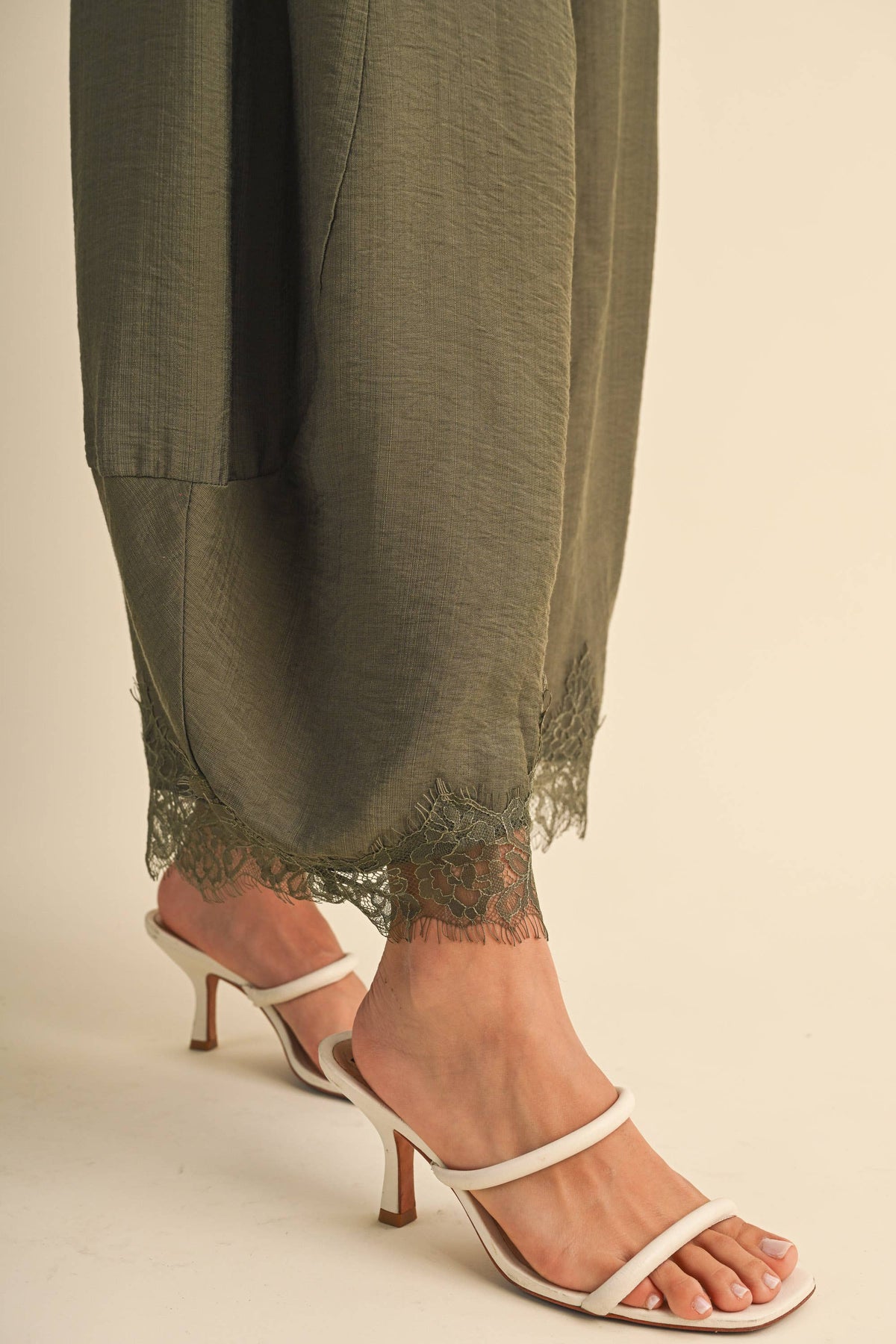 Lace Trim Barrel Pants | Olive