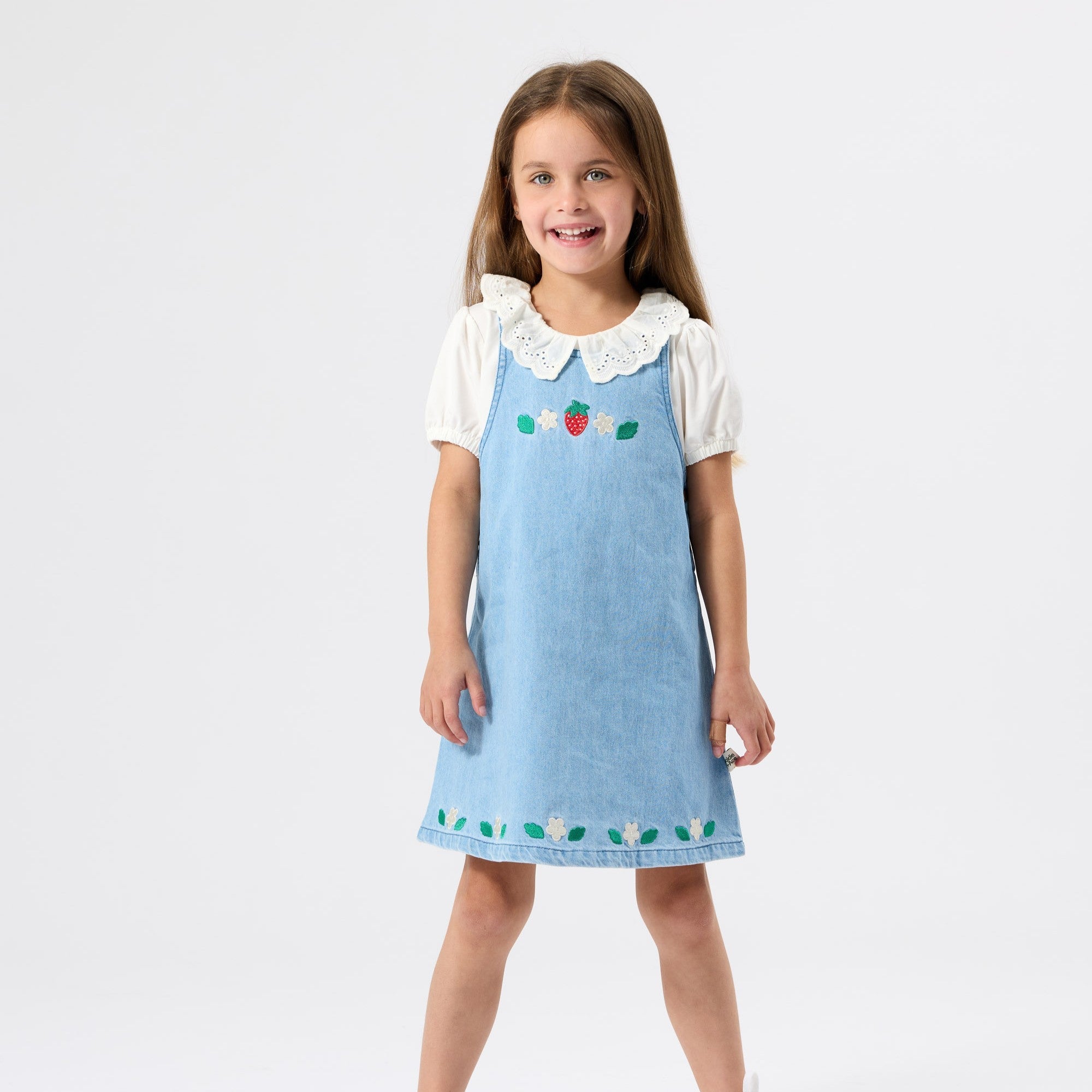 Wild Strawberry Pinafore Dress worn on body