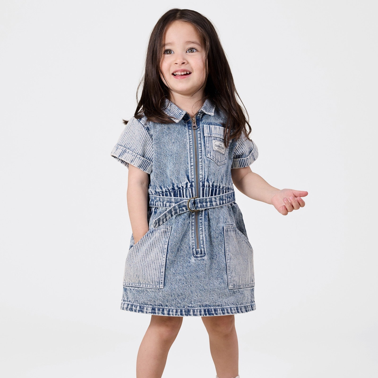 Piper Pinstripe Denim Belted Dress worn on body