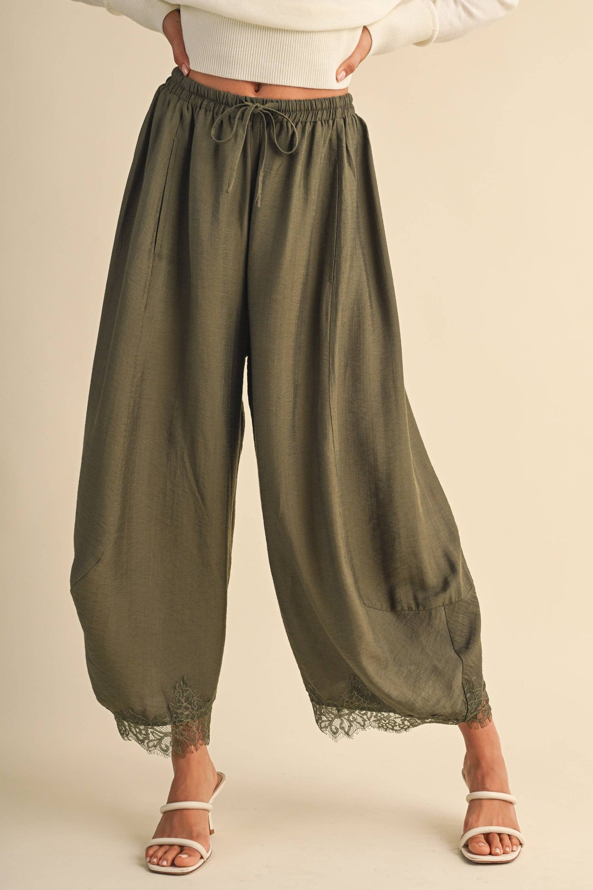 Lace Trim Barrel Pants | Olive