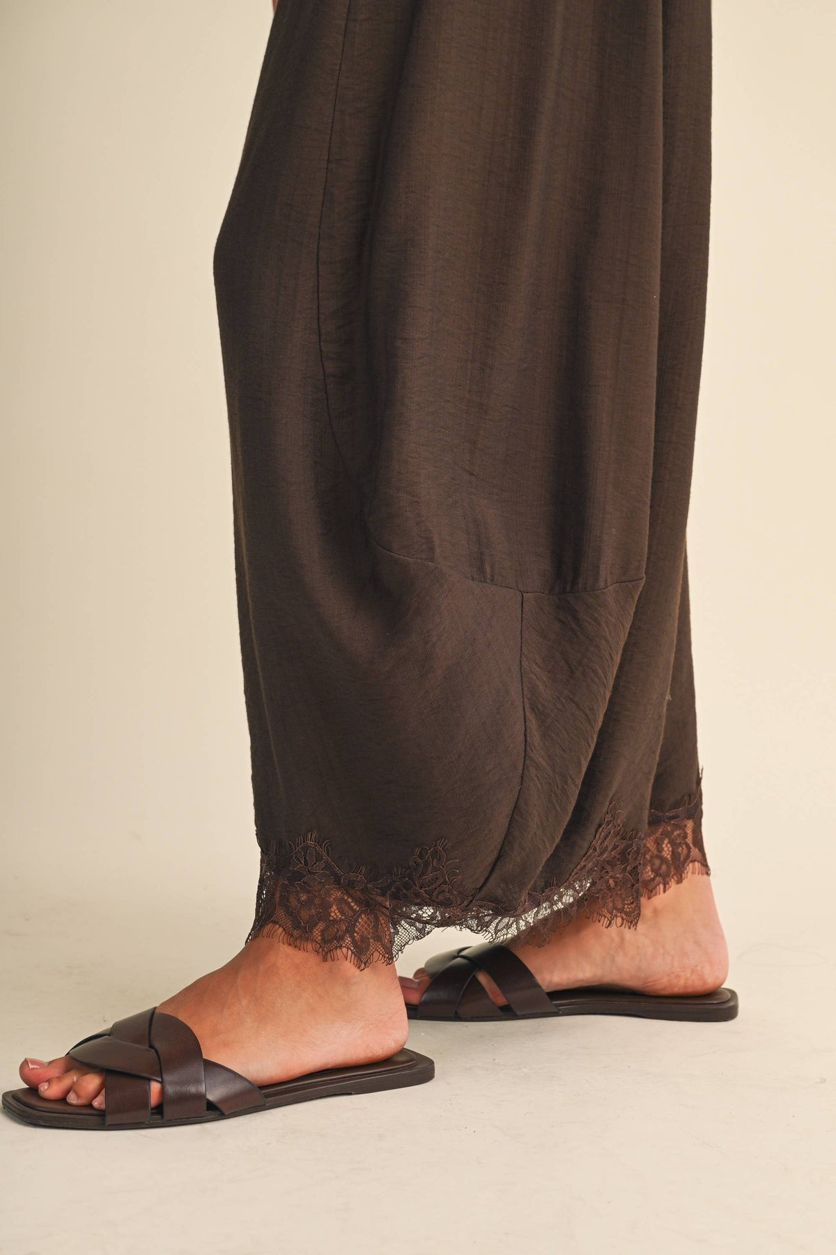 Lace Trim Barrel Pants | Dark Brown