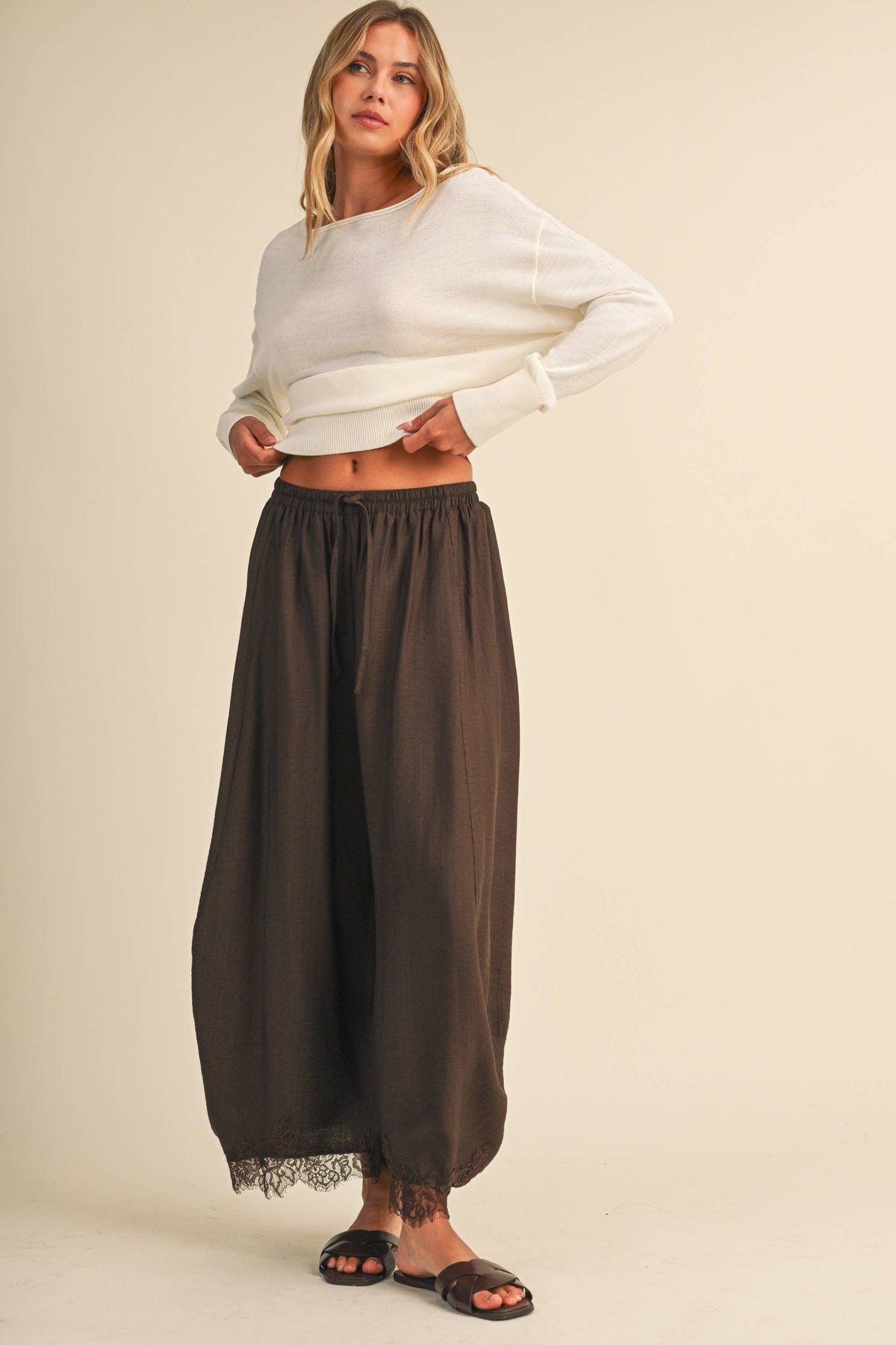 Lace Trim Barrel Pants | Dark Brown