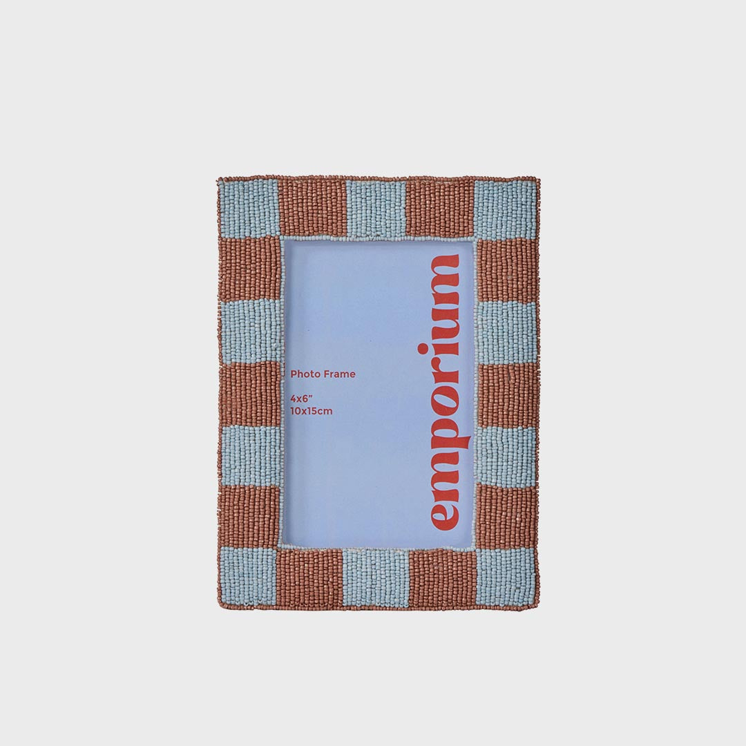 Beaded Check Photo Frame | Blue & Brown