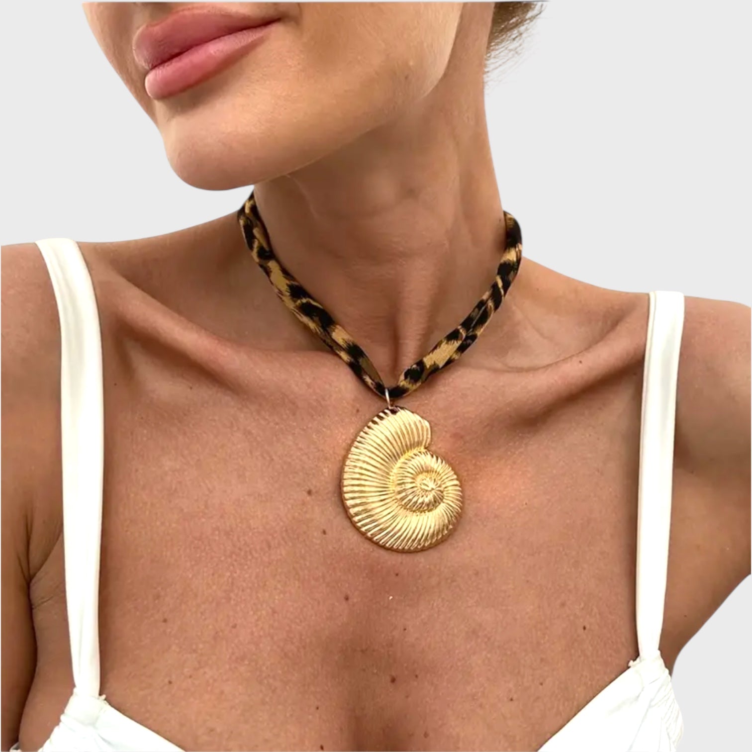Leopard Ribbon Necklace | Nautilus Shell Pendant