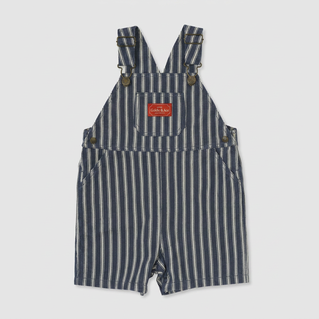 Railroad Stripe Burton Overalls flatlay on ebebeb background