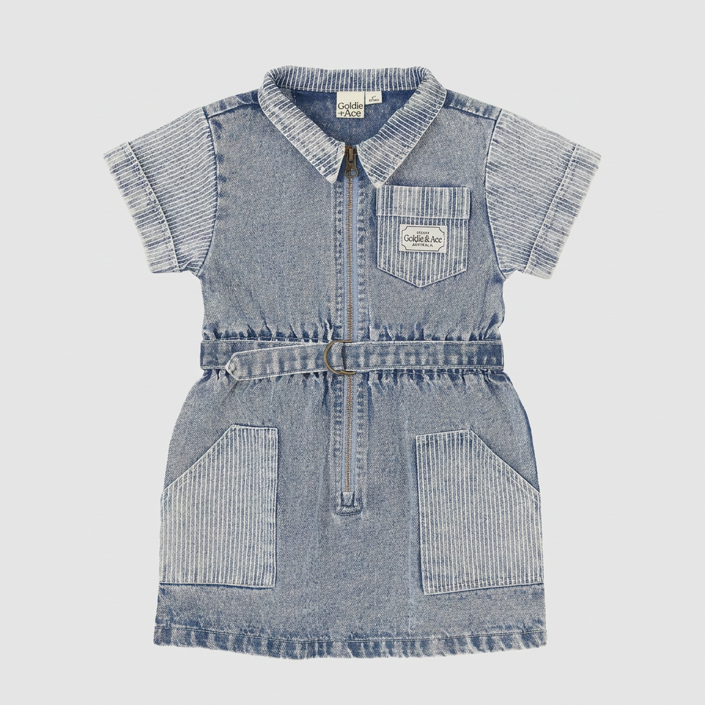Piper Pinstripe Denim Belted Dress flatlay on ebebeb background