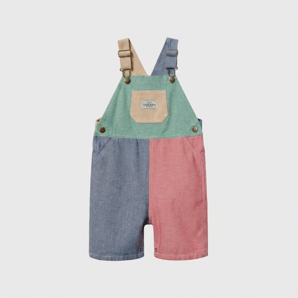 Patchwork Burton Overalls flatlay on ebebeb background