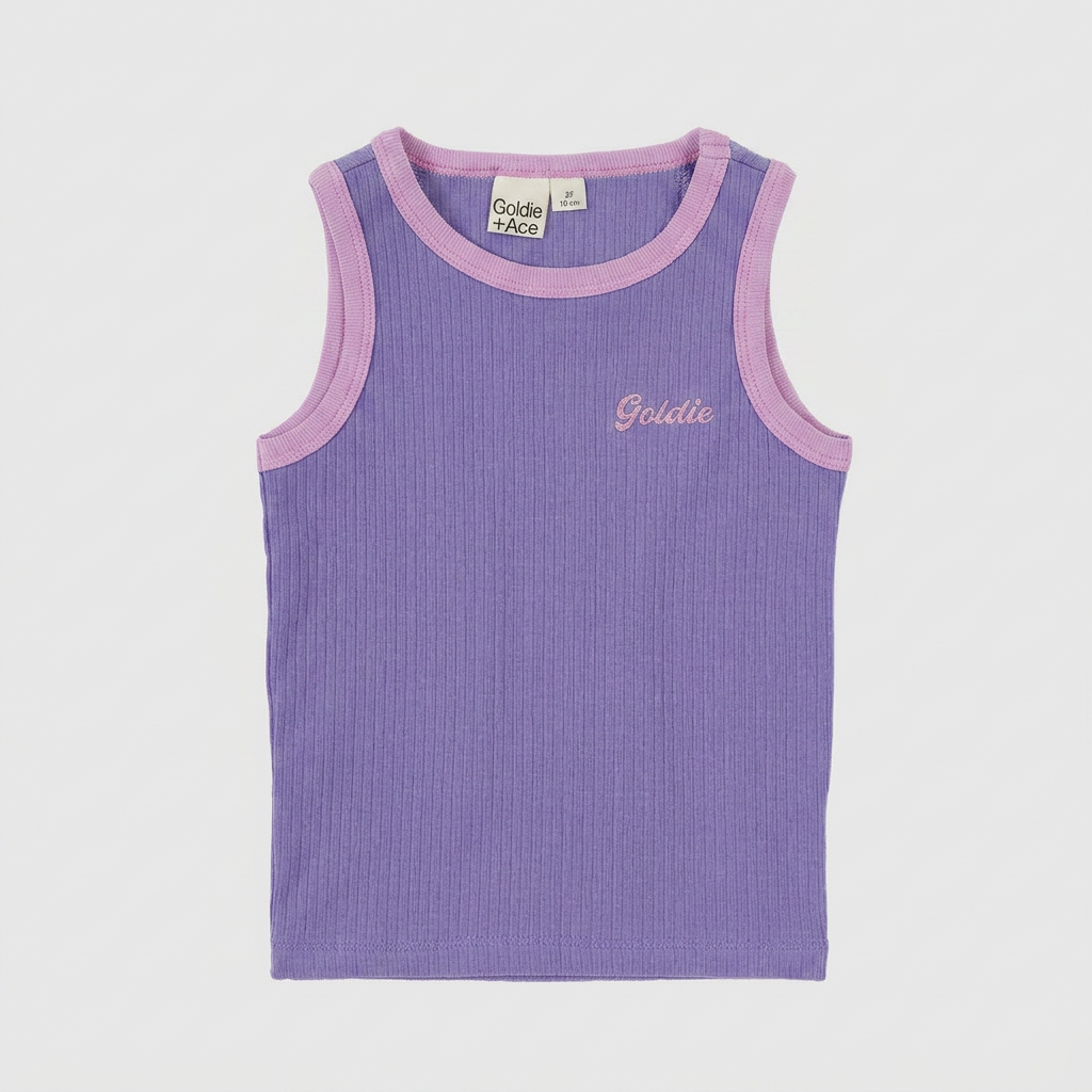 Embroidered Colour Pop Rib Singlet Purple flatlay on ebebeb background
