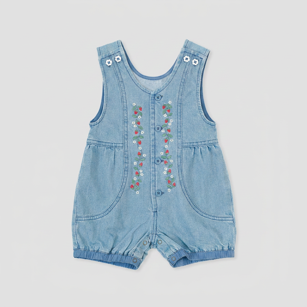 Wild Strawberry Nina Romper flatlay on ebebeb background