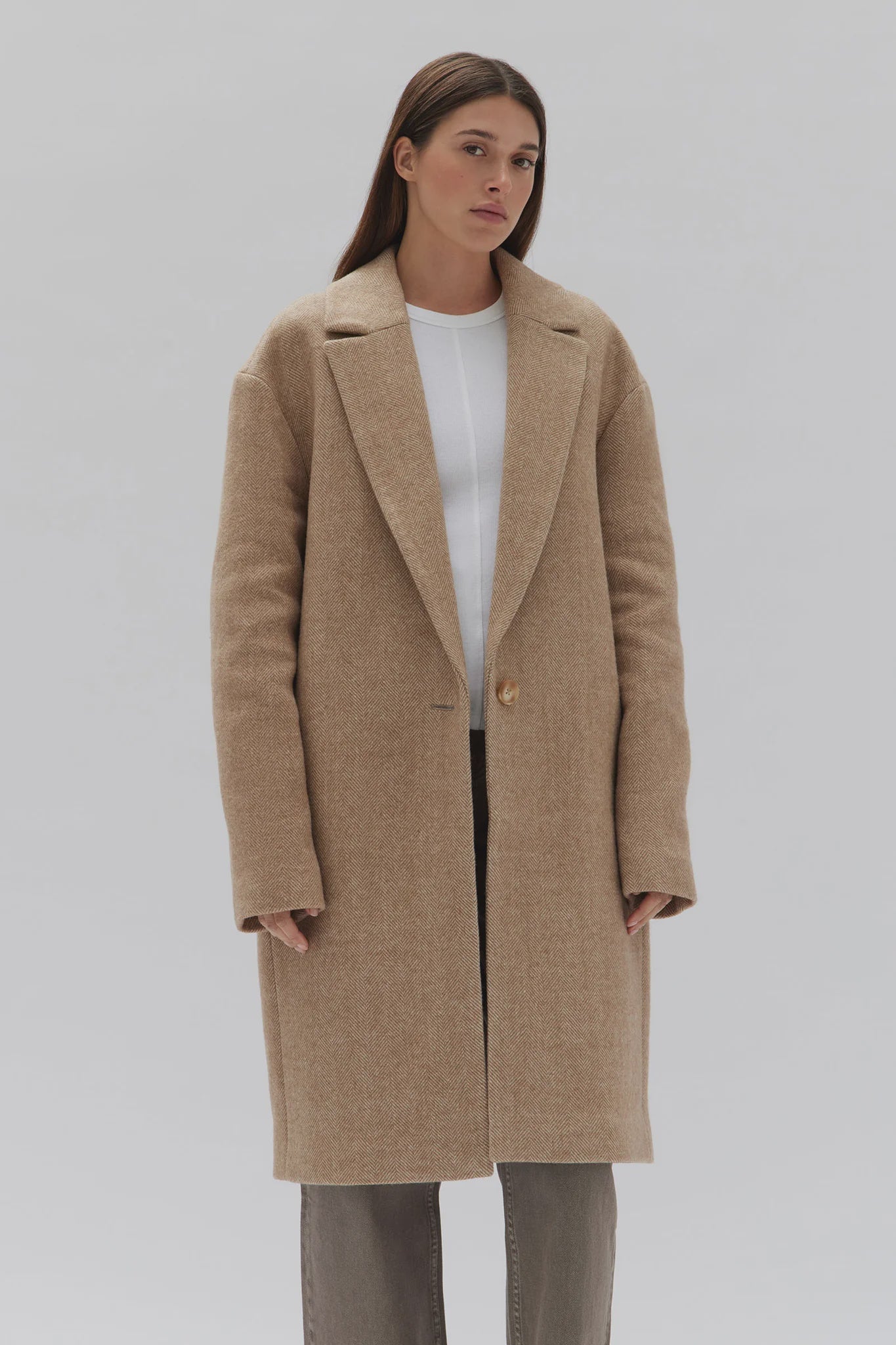 THEA WOOL HERRINGBONE COAT | TAN