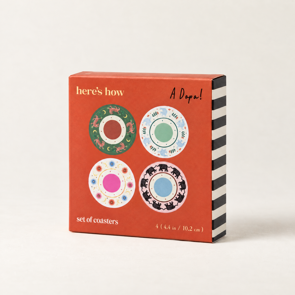 A Dopo Coasters Set of 4 | Tiger, Flower, Sun + Elephant