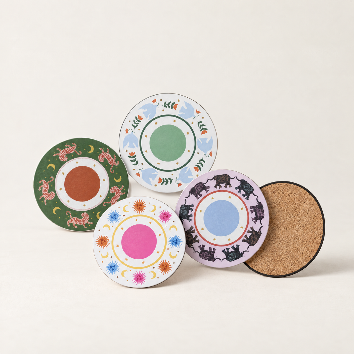 A Dopo Coasters Set of 4 | Tiger, Flower, Sun + Elephant