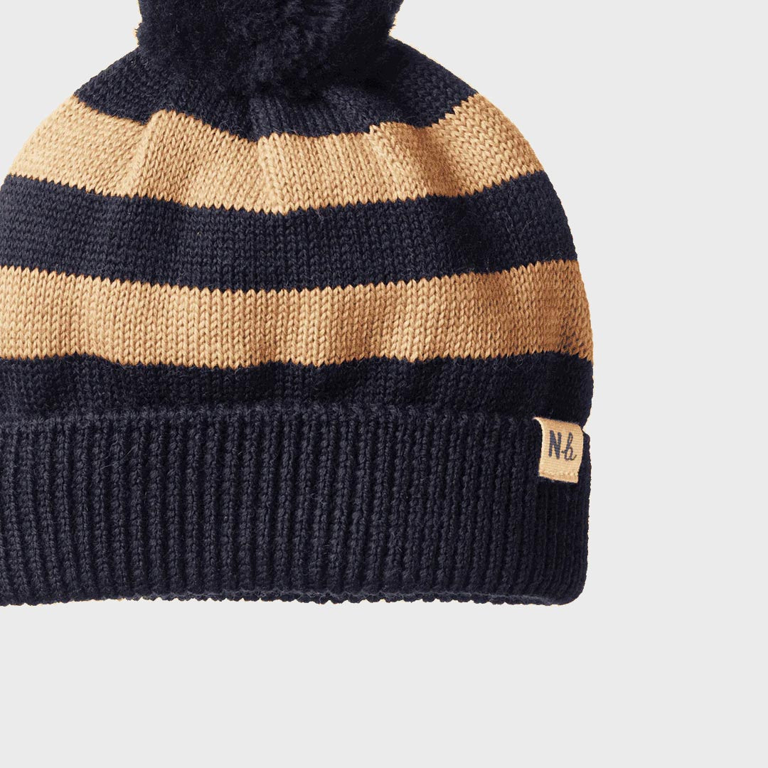 Alpine Pom Pom Beanie | Navy Caramel Stripe