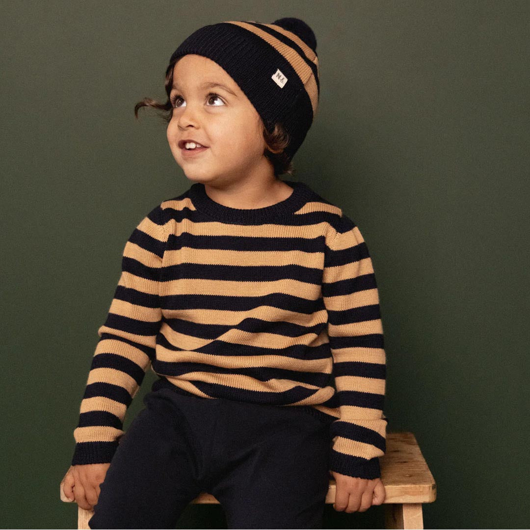 Alpine Pom Pom Beanie | Navy Caramel Stripe