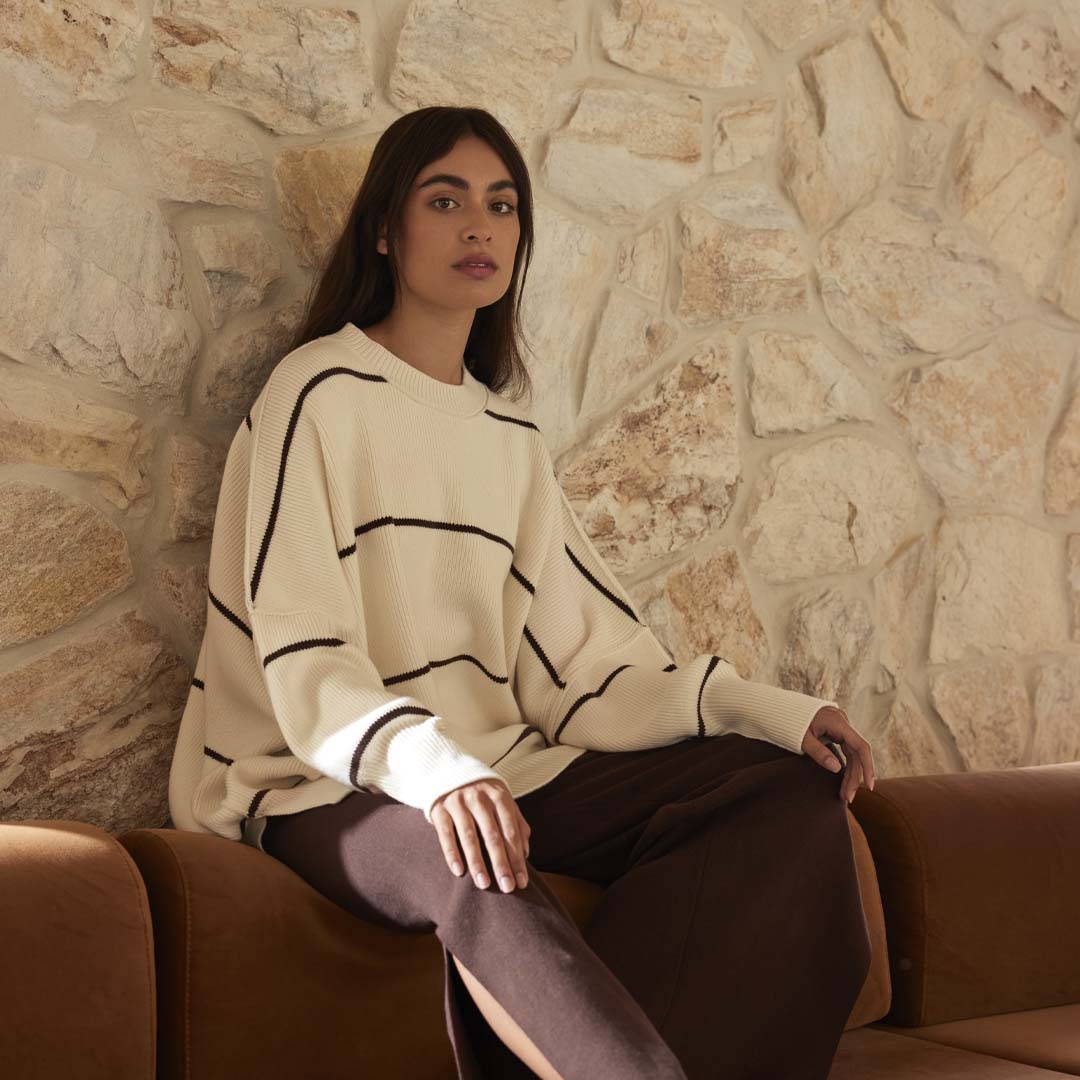 HARPER STRIPE ORGANIC KNIT SWEATER | CREAM & CHOCOLATE