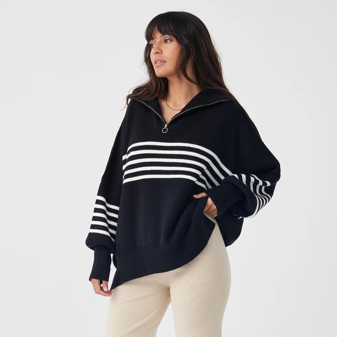 LONDON ZIP STRIPE SWEATER | BLACK & CREAM
