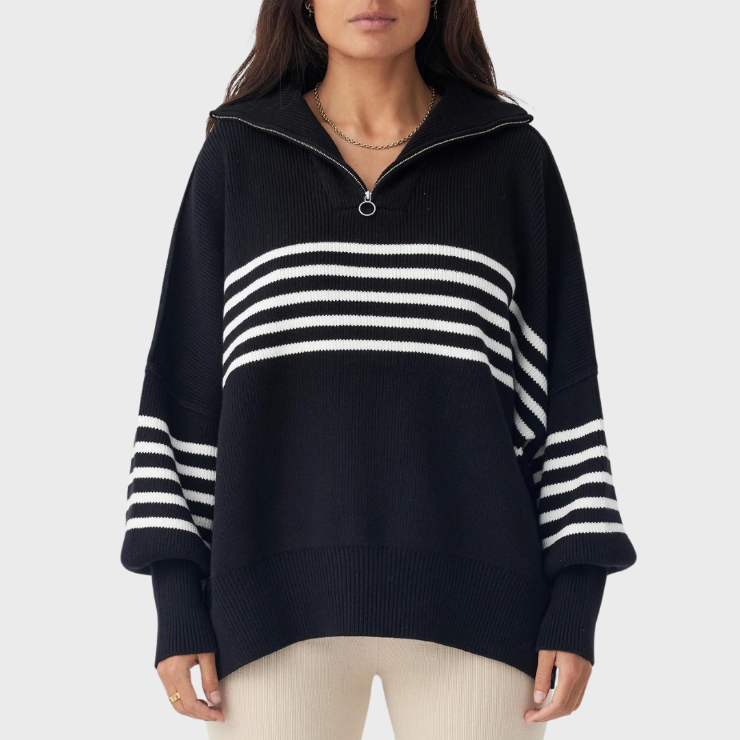 LONDON ZIP STRIPE SWEATER | BLACK & CREAM