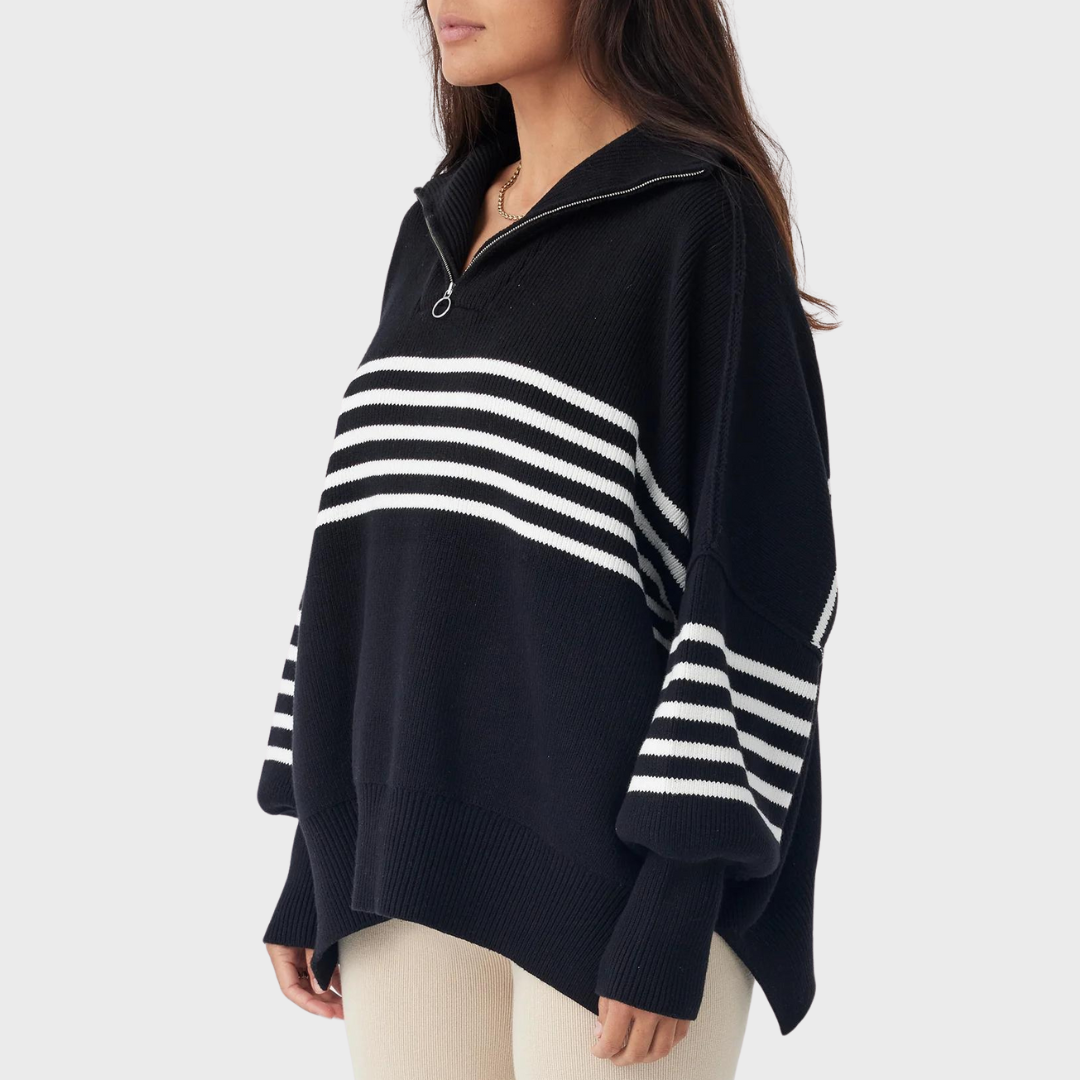 LONDON ZIP STRIPE SWEATER | BLACK & CREAM