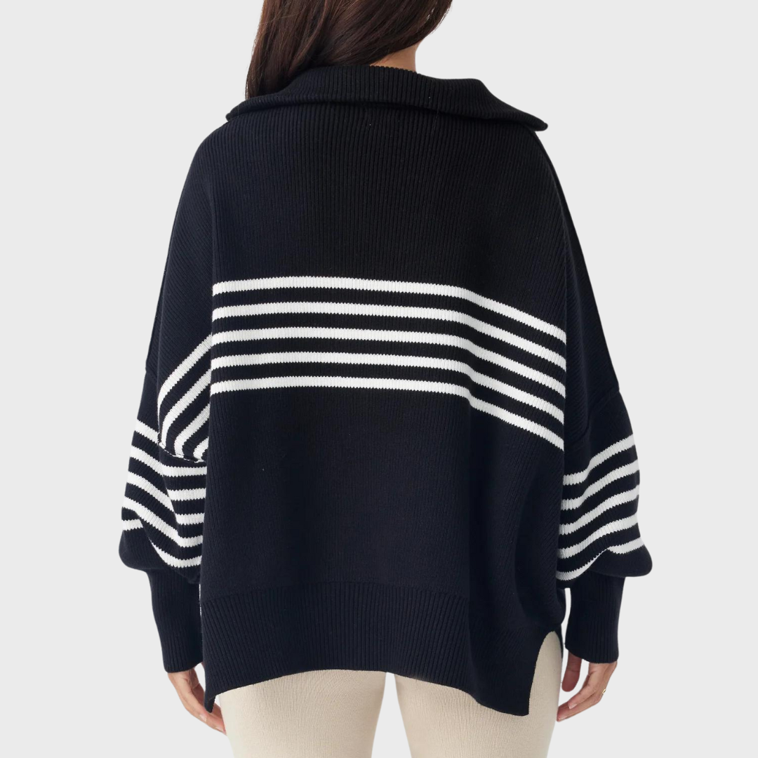 LONDON ZIP STRIPE SWEATER | BLACK & CREAM