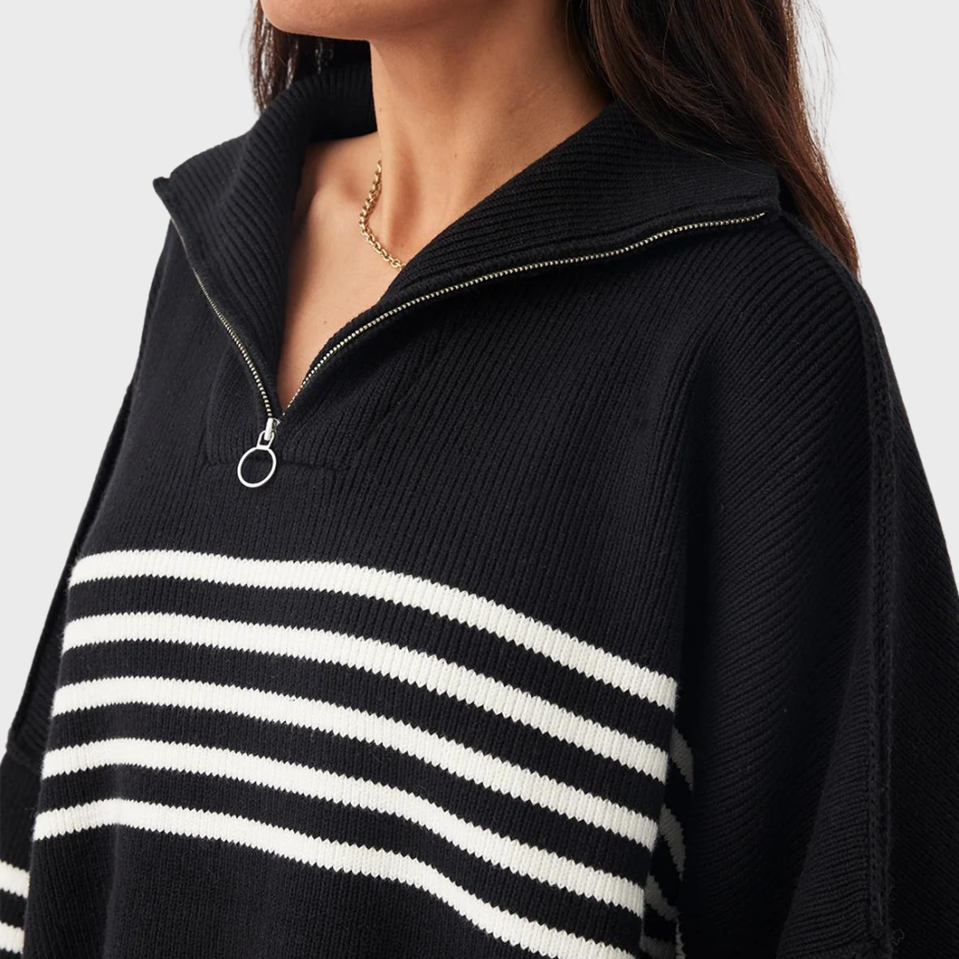 LONDON ZIP STRIPE SWEATER | BLACK & CREAM