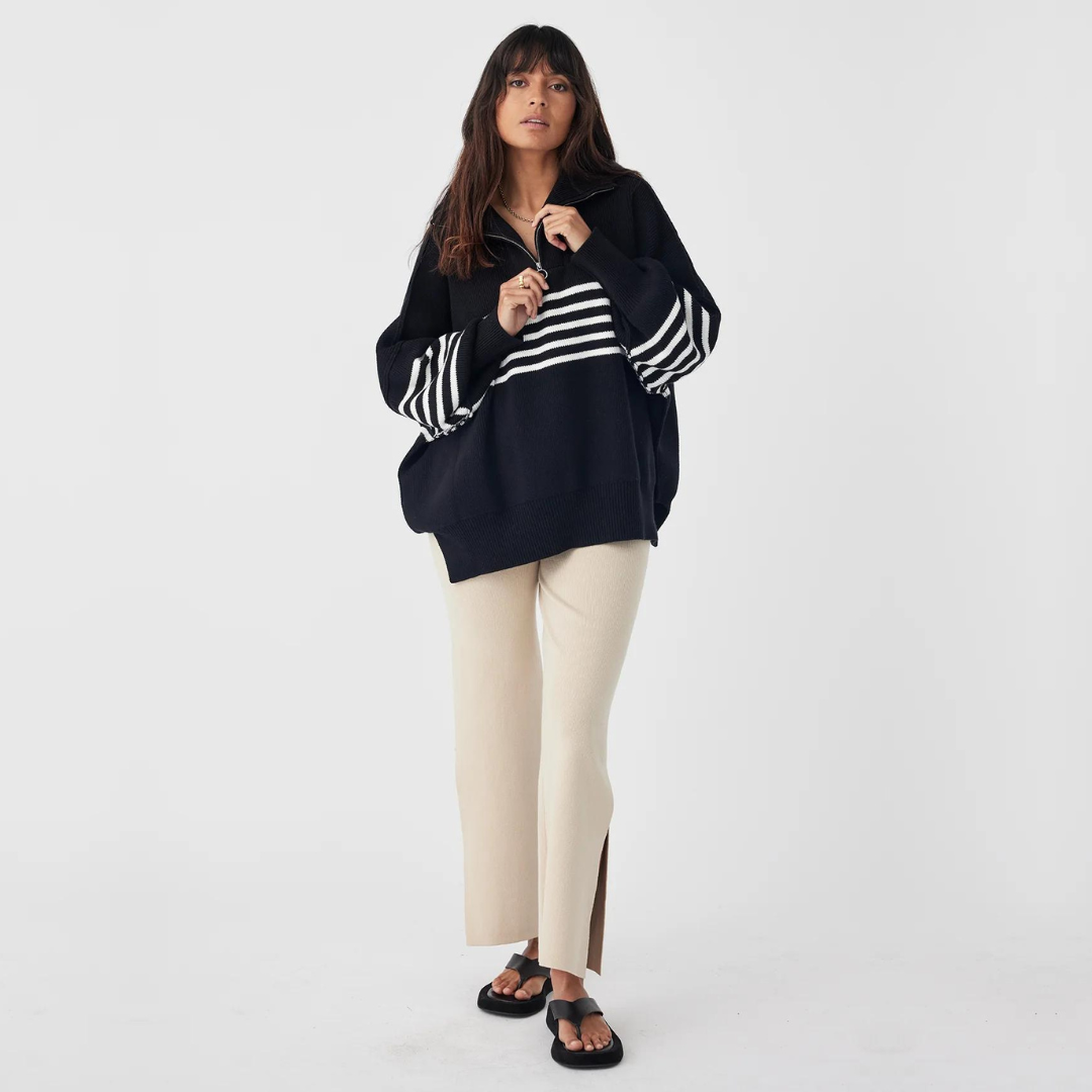 LONDON ZIP STRIPE SWEATER | BLACK & CREAM