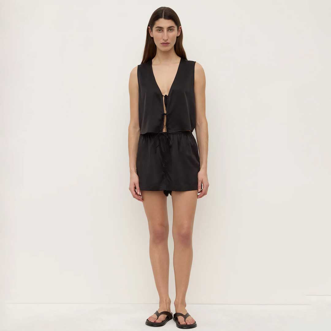 Beal Silk Tie Front Top | Black