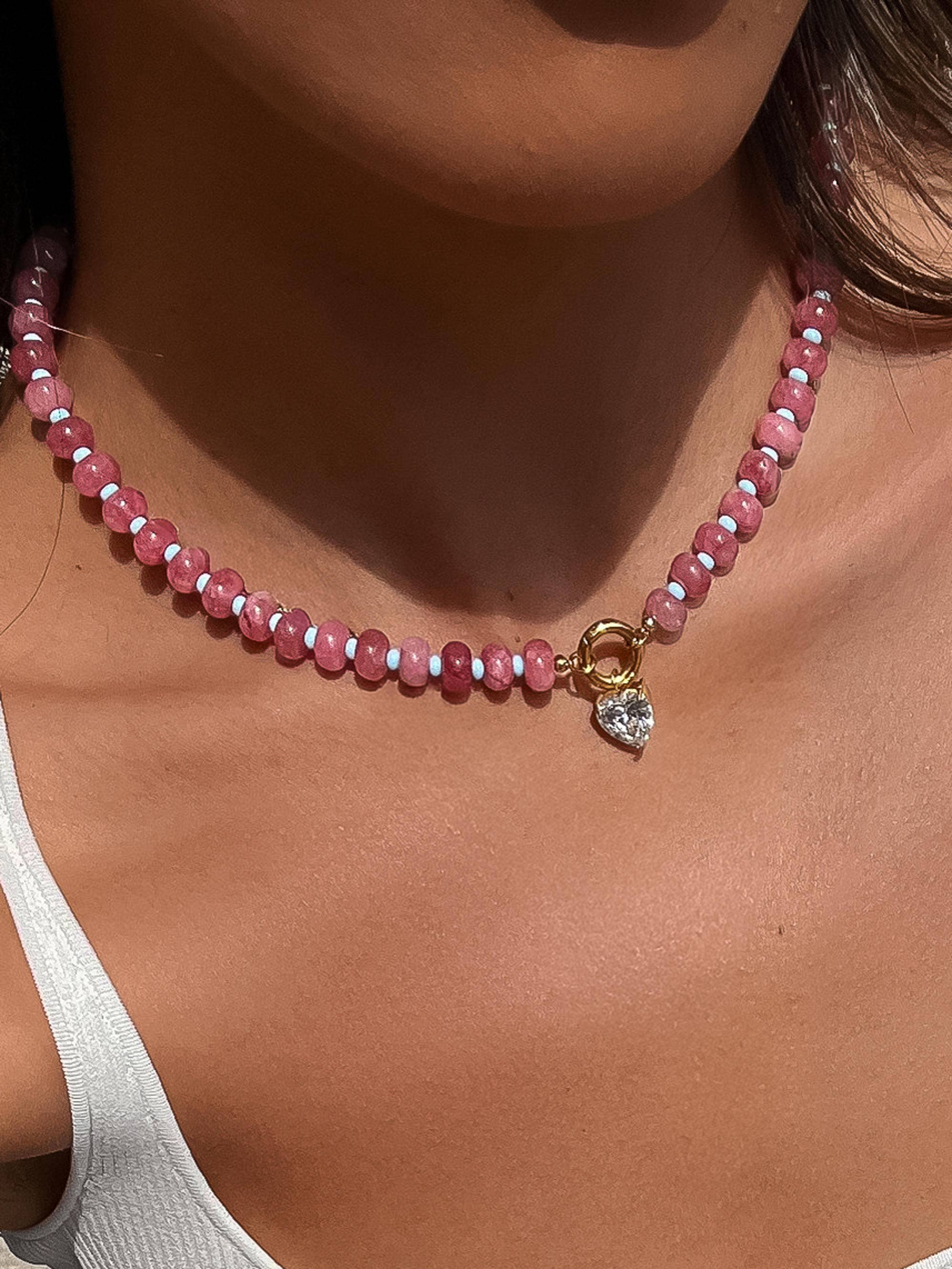 Annecy Boho Beaded CZ Necklace | 18K Gold Pink