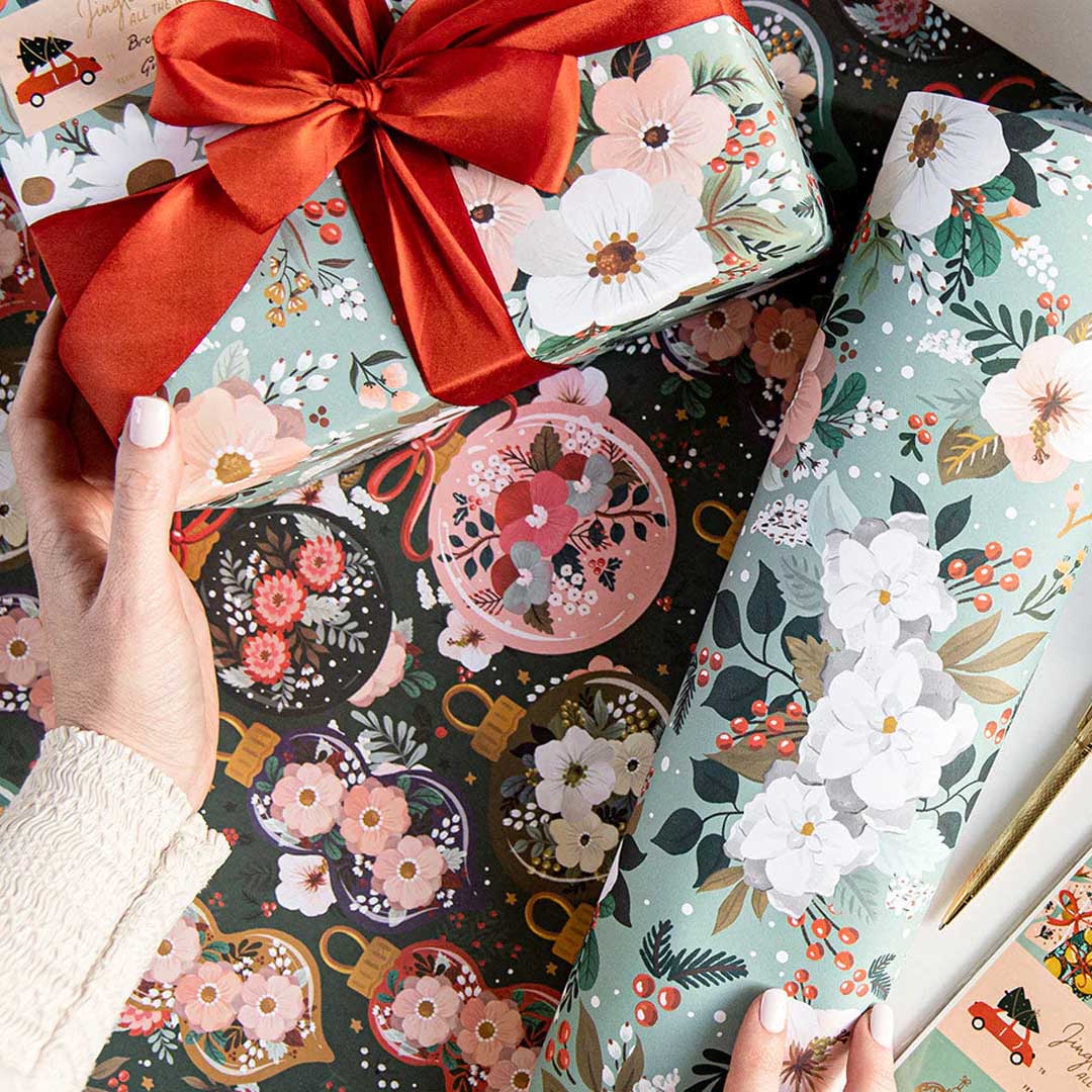 Christmas Gift Wrap Sheet | Christmas Ornaments + Floral Fields