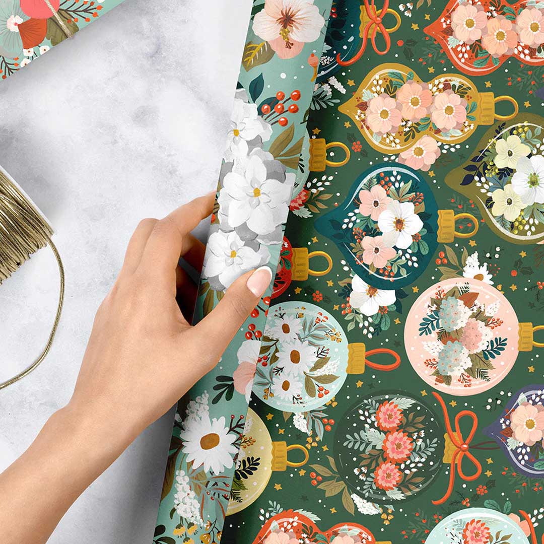 Christmas Gift Wrap Sheet | Christmas Ornaments + Floral Fields