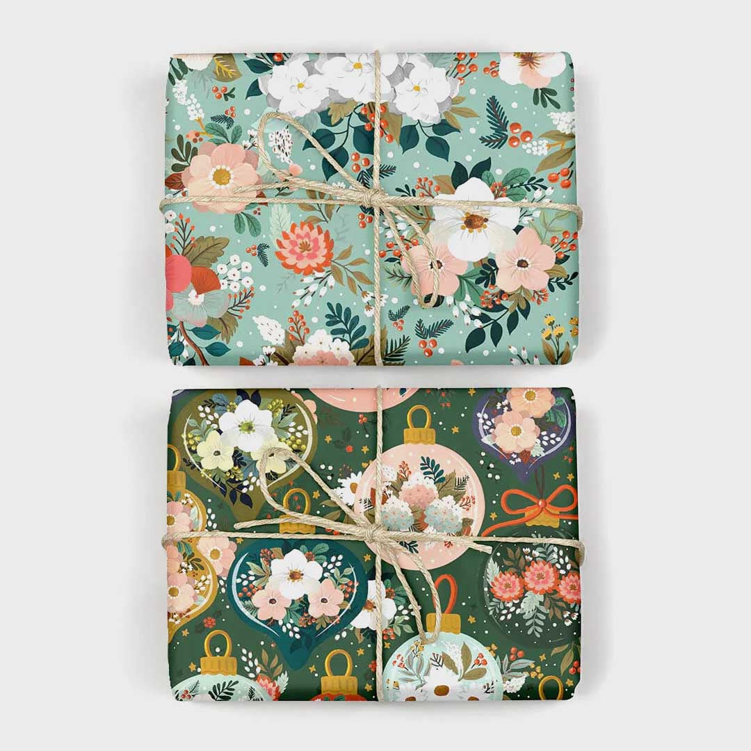 Christmas Gift Wrap Sheet | Christmas Ornaments + Floral Fields