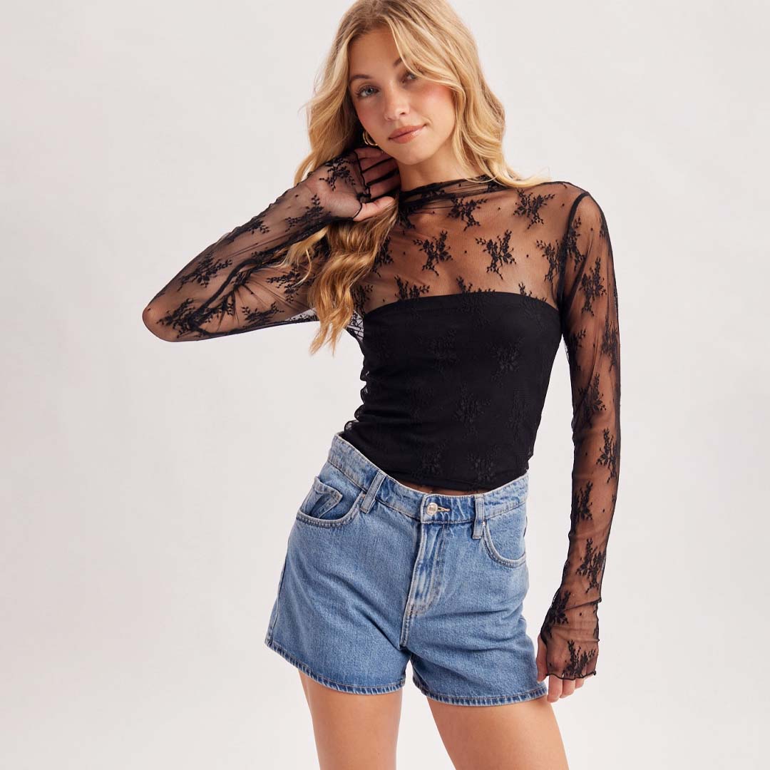 Floral Lace Mesh Top | Black