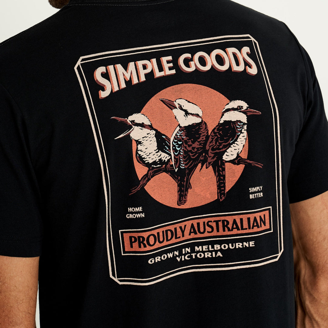Reginald Print Kookaburra Tee | Black — garment detail