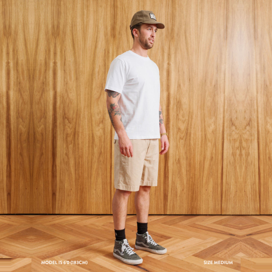 Chad Elastic Waist Relaxed Short | Vintage Stone — model view with original scene