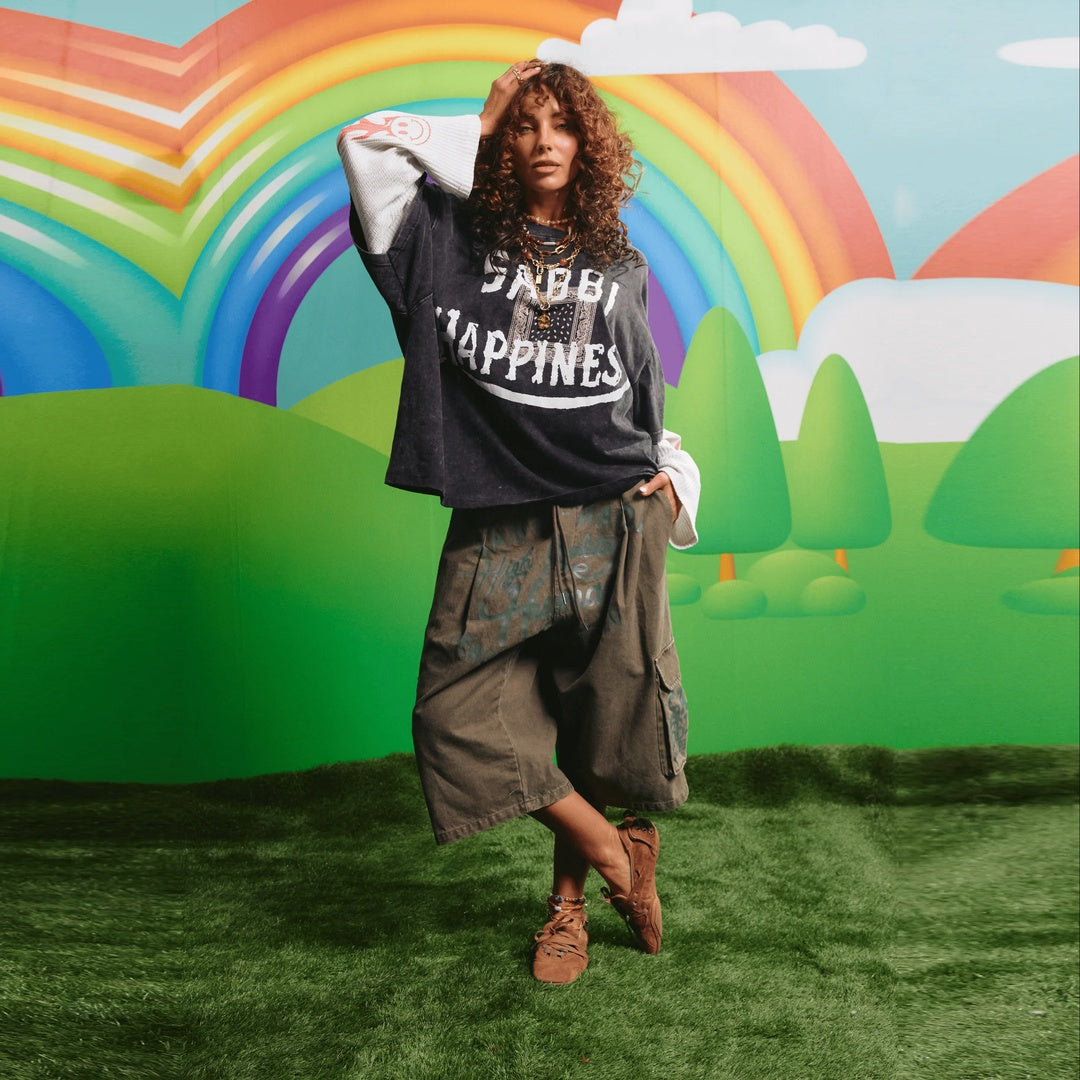 The Happiness Waffle LS Tee — model view with supplier scene