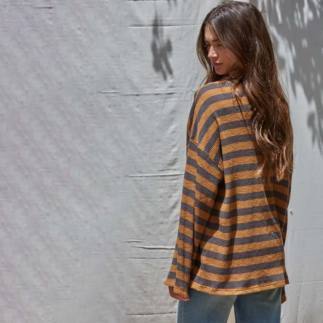 Ribbed Striped Knit Pullover | Camel Charcoal