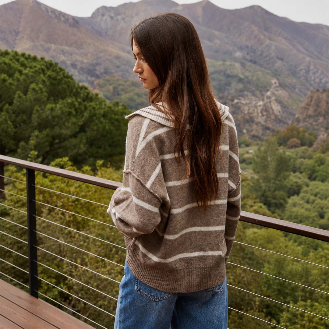 Striped Collar V-Neck Knit Sweater | Mocha Oatmeal