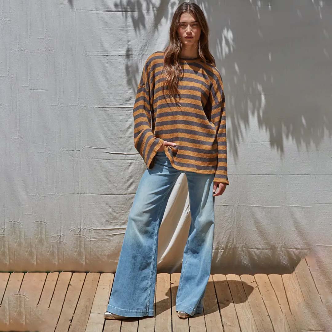 Ribbed Striped Knit Pullover | Camel Charcoal