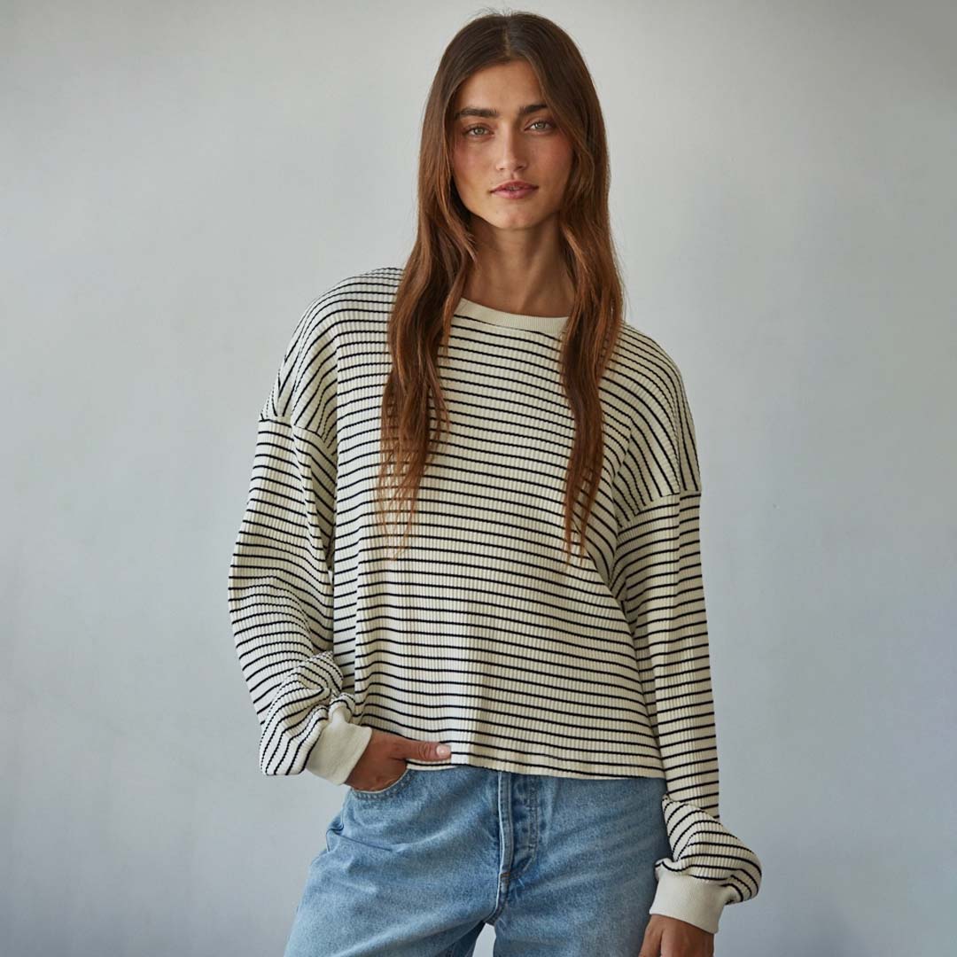 Ribbed Crew Neck Top | Cream Black