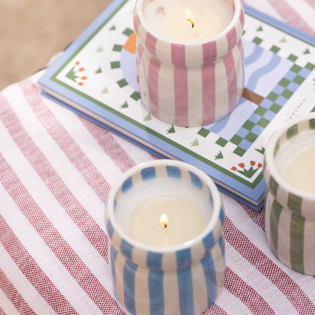 Cabana 6.5oz Blue Stripped Ceramic Candle | Lost at Sea