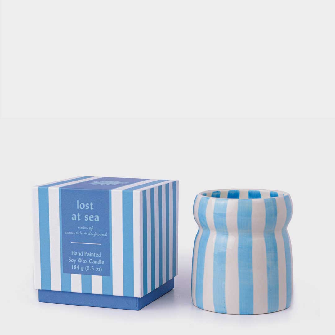 Cabana 6.5oz Blue Stripped Ceramic Candle | Lost at Sea