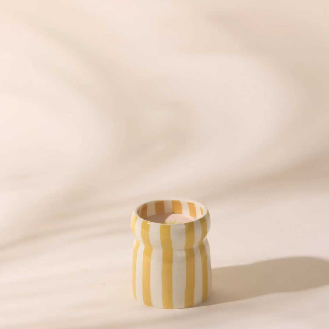 Cabana 6.5oz Ochre Stripped Ceramic Candle | Gold Coast