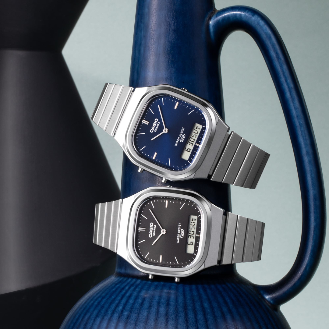 Casio AQ240 Silver and Blue official paired lifestyle composition