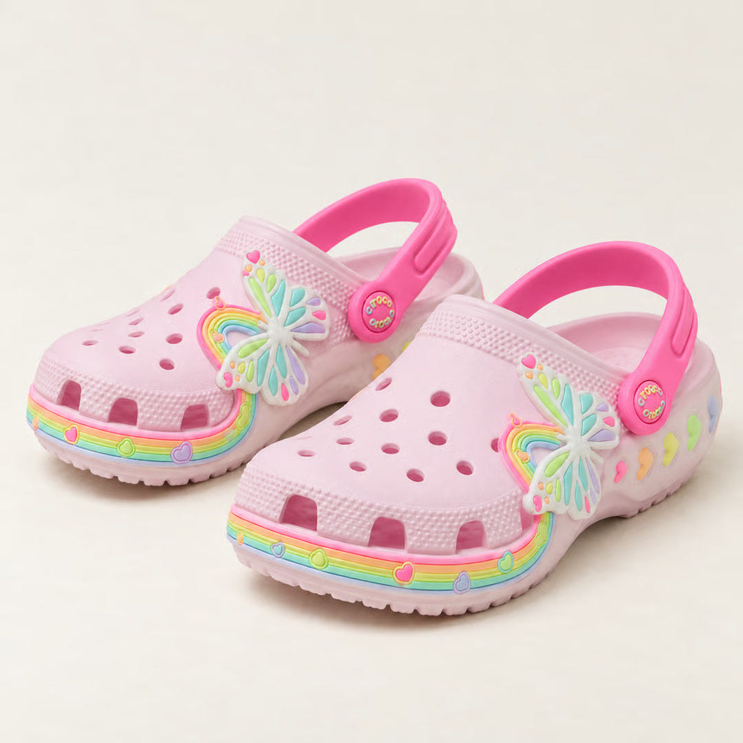 Crocs Classic Butterfly Lights Clog in Pink Milk, close front pair view