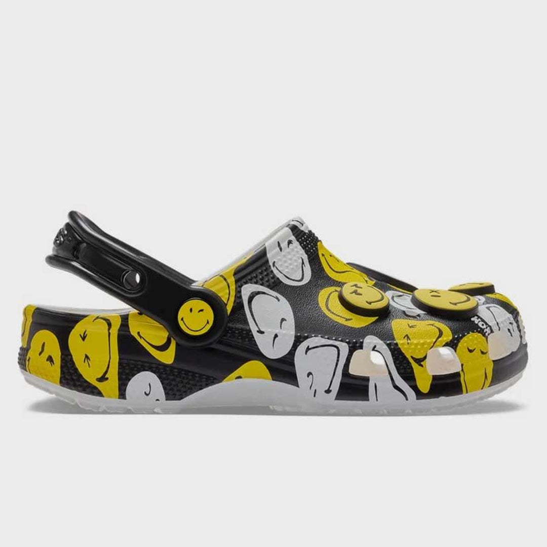 Crocs Kids Smiley Classic Clog in Yellow Black White — side hero view