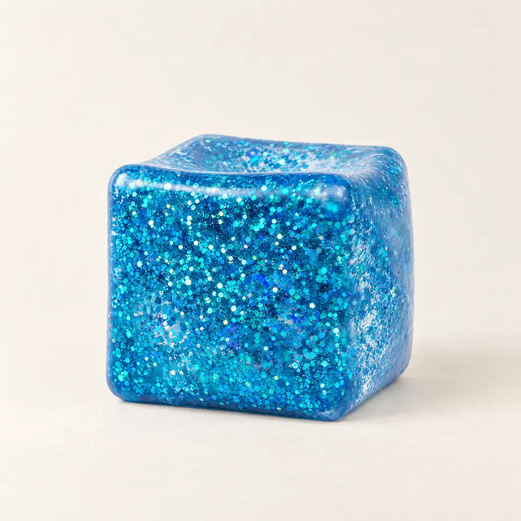 Blue Discovery Zone Jumbo Sparkly Squish Cube, unboxed with a glittery finish.