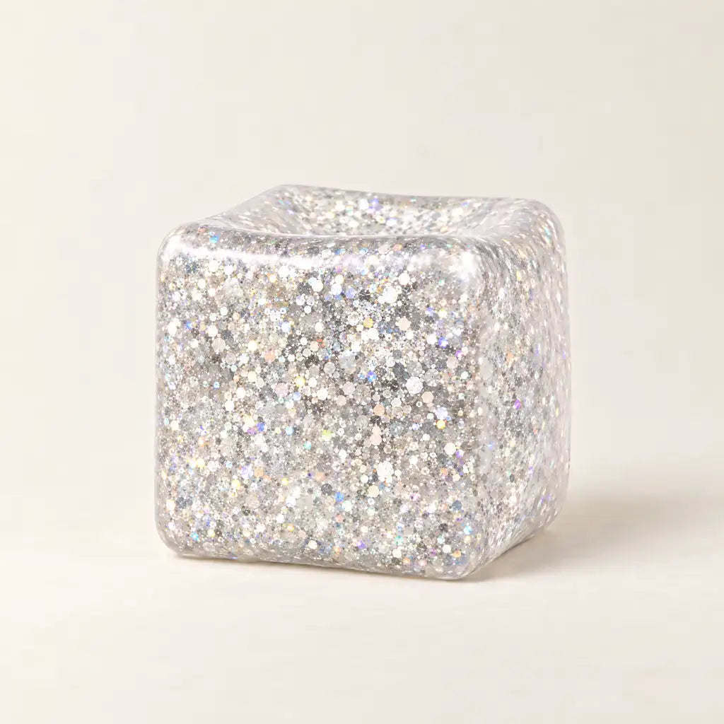 Silver Discovery Zone Jumbo Sparkly Squish Cube, unboxed with a glittery finish.